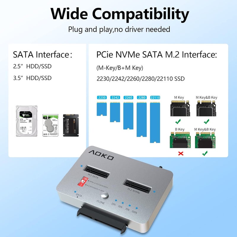 AOKO M.2 Duplicator SATA to NVMe SSD Cloner Docking Staion for NVMe + M.2 NGFF and 2.5" /3.5" SATA SSD/HDD Converter and Reader Bidirectional Offline Hard Drive Cloner - Image 3